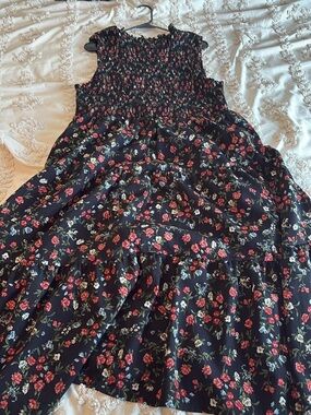Black Floral Midi Dress with Smocked Bodice